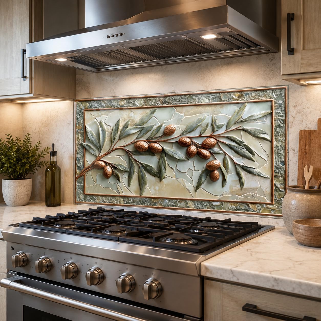 Decorative tile with olive branch design above a stove in a kitchen.