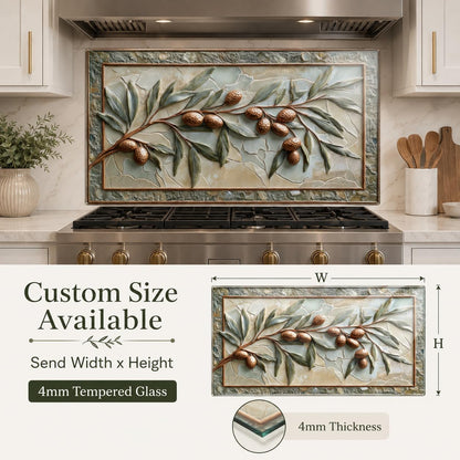 Decorative wall art with leaves and berries above a stove in a kitchen setting, with customization information displayed.
