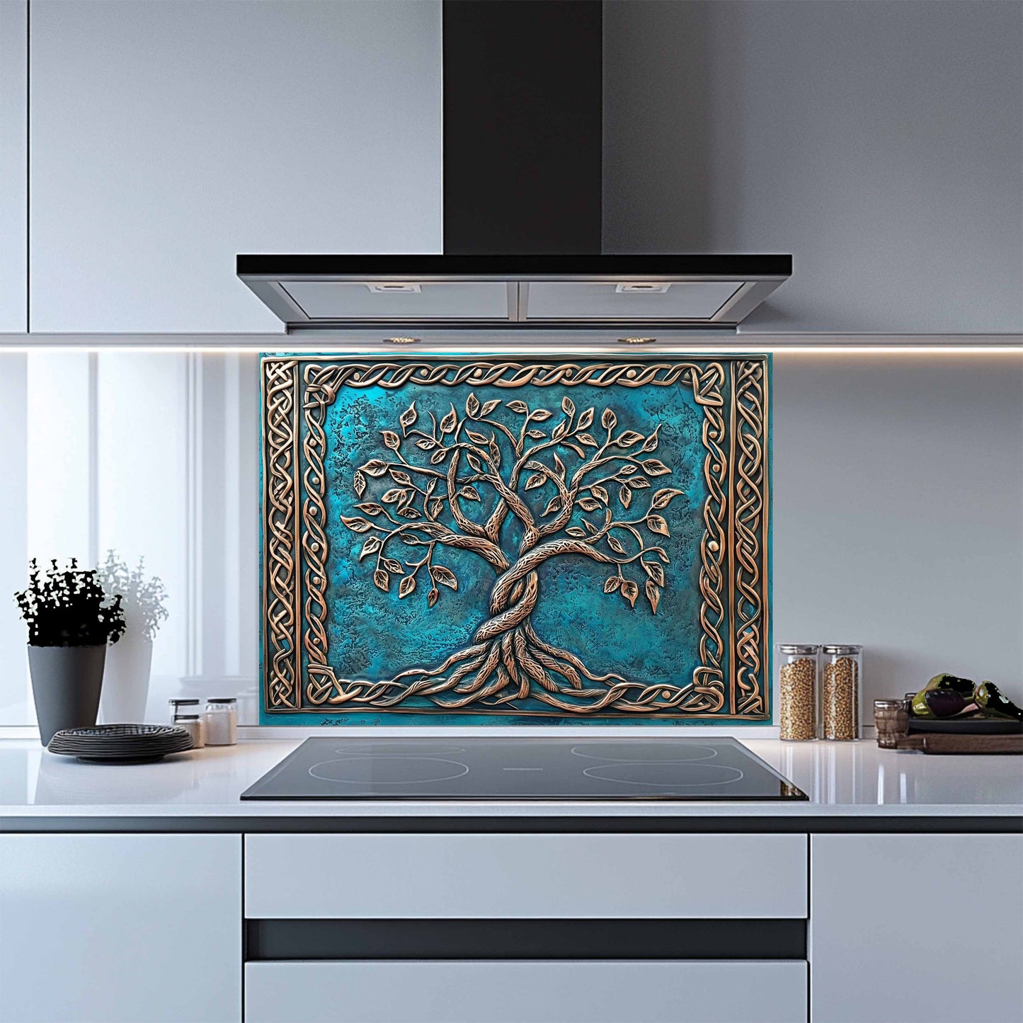 Decorative kitchen backsplash with tree design in a modern kitchen.