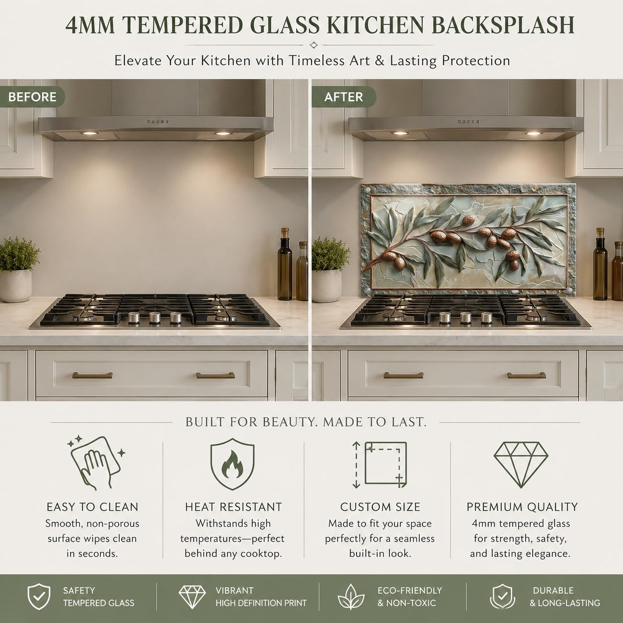 Before and after comparison of a kitchen with a decorative backsplash.