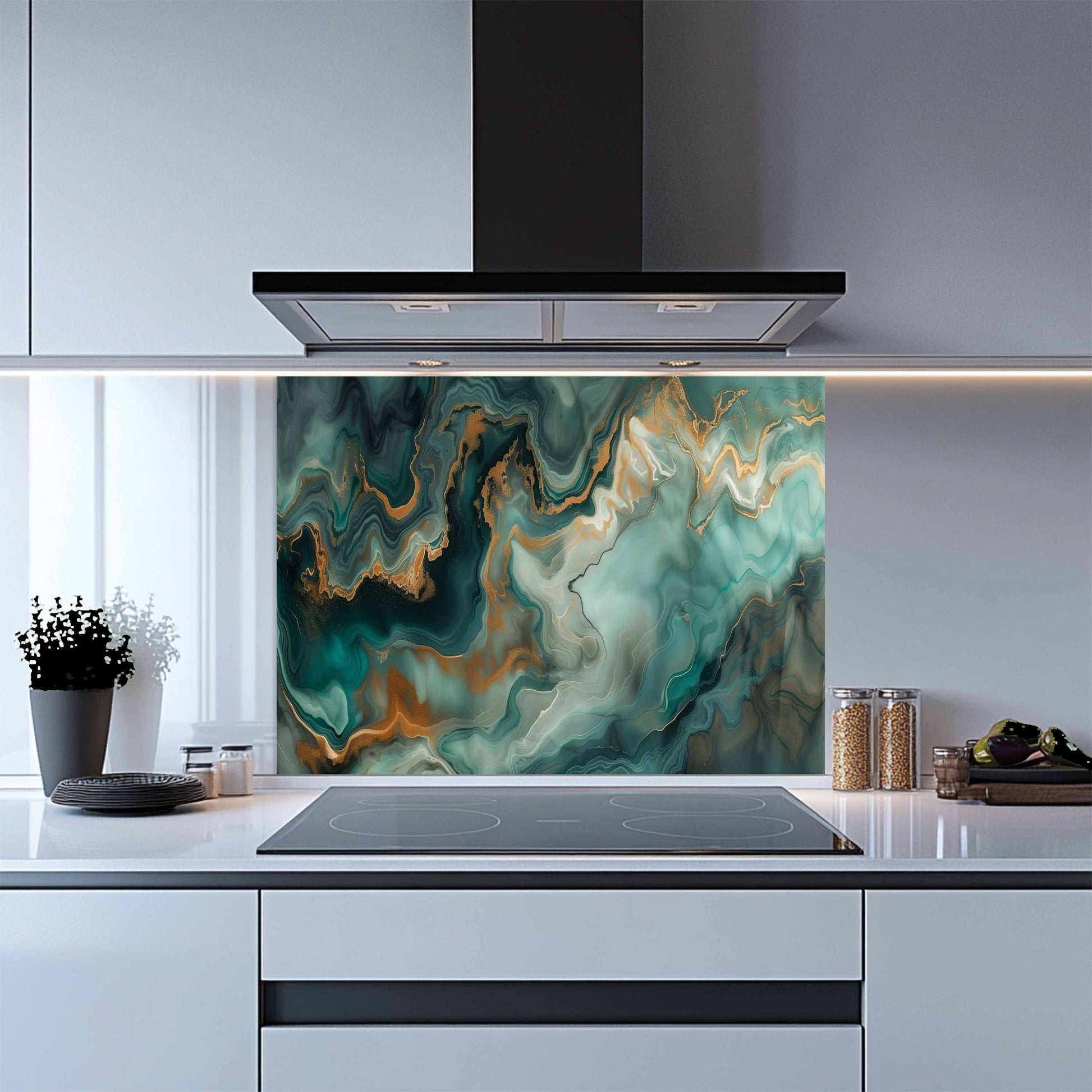 Modern kitchen with a colorful glass splashback panel.