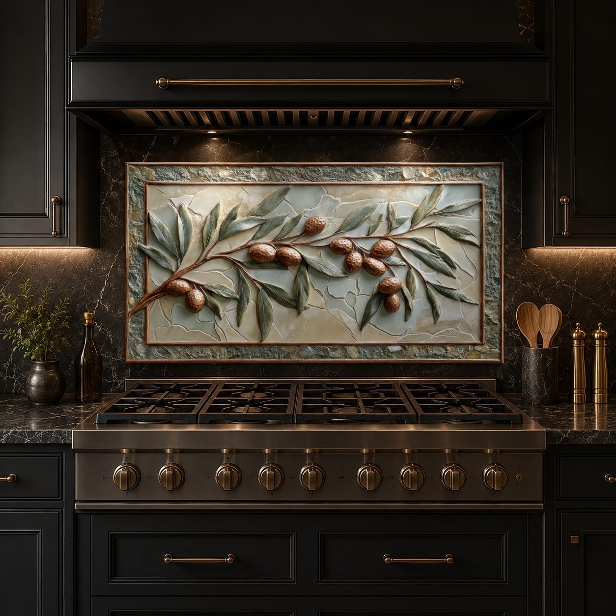 Decorative tile with olive branch design above a stove in a kitchen setting.