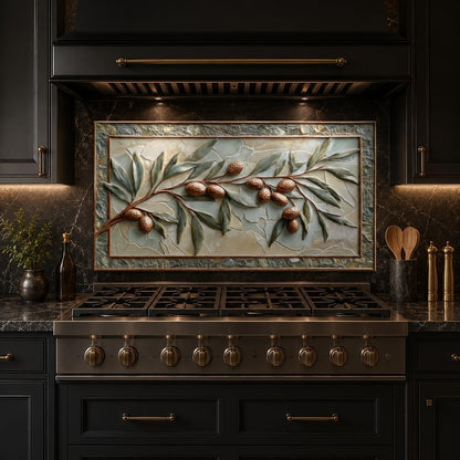 Decorative tile with olive branch design above a stove in a kitchen setting.