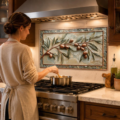Woman cooking in a kitchen with decorative tile above the stove.