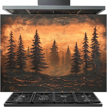 Stainless steel cooktop with a decorative backsplash featuring a forest scene.