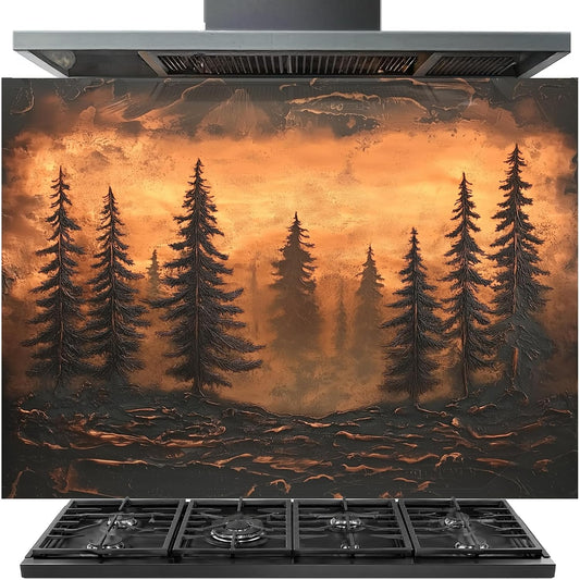 Stainless steel cooktop with a decorative backsplash featuring a forest scene.