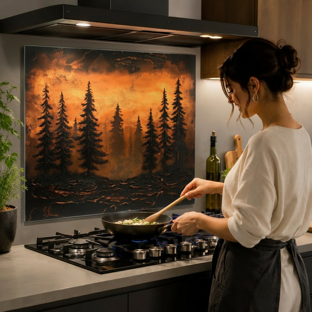 Woman cooking in a kitchen with a scenic wall art of trees.