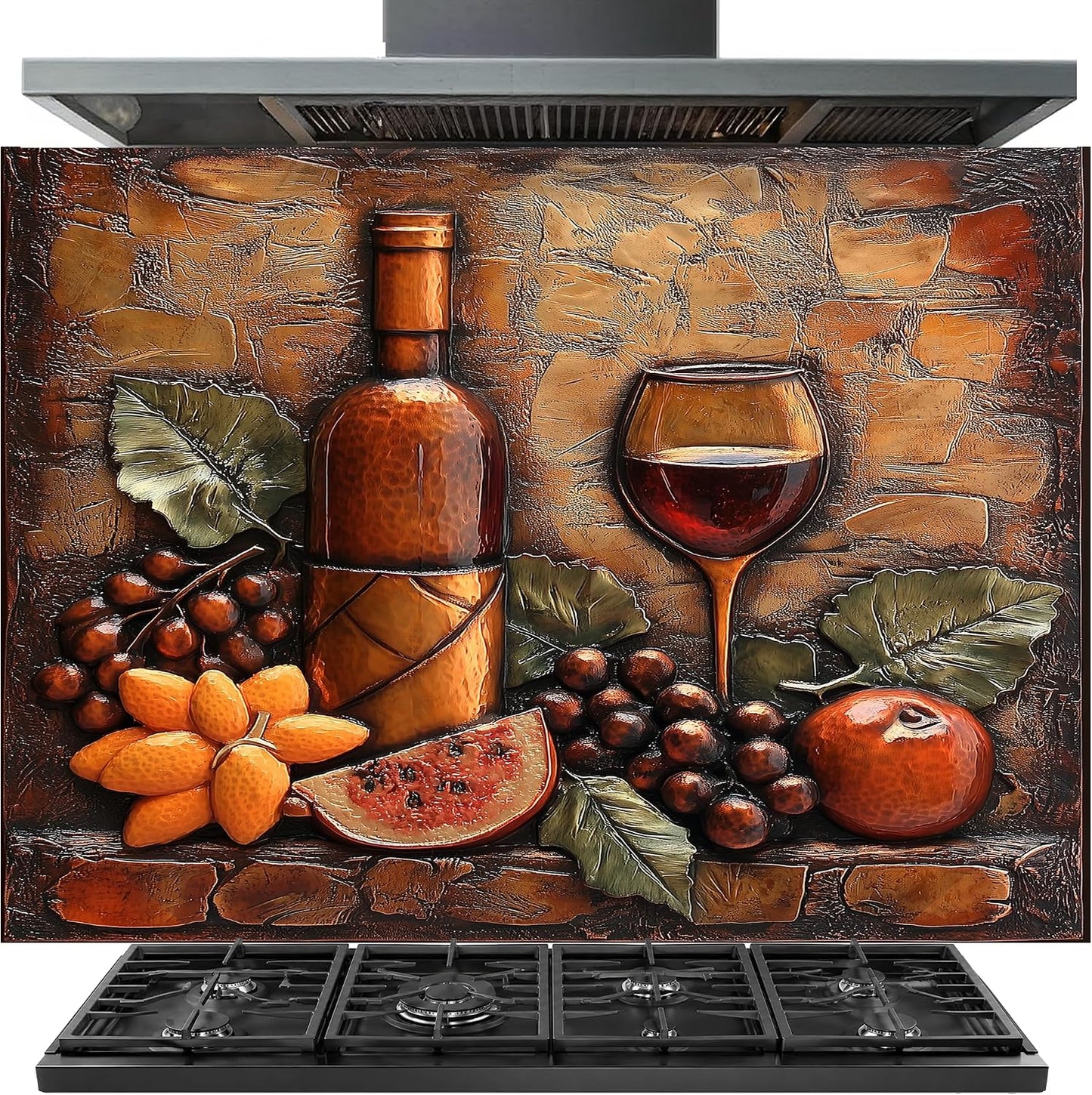 Decorative backsplash with wine bottle, glass, fruits, and vegetables on a stone wall background.