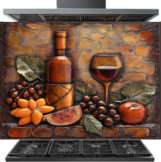 Decorative backsplash with wine bottle, glass, fruits, and vegetables on a stone wall background.
