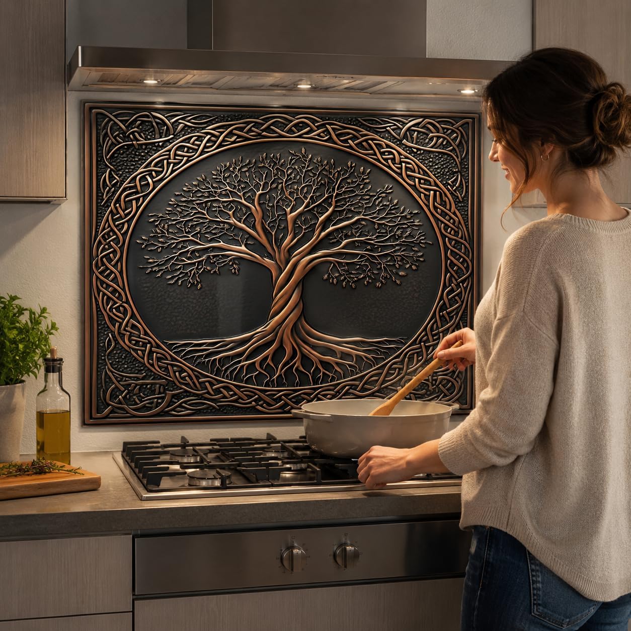 Woman cooking in a kitchen with a decorative wall panel featuring a tree design.