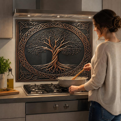 Woman cooking in a kitchen with a decorative wall panel featuring a tree design.