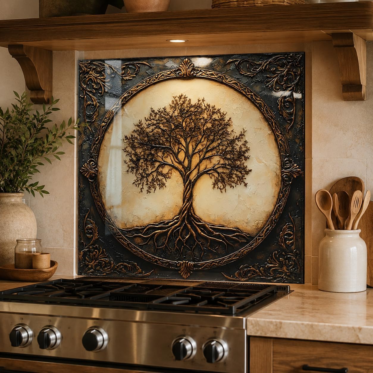 Decorative wall art with a tree design above a stove in a kitchen.