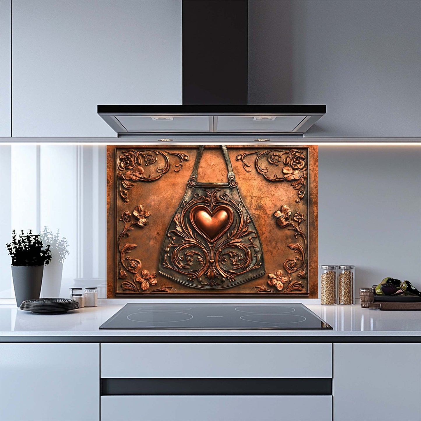 Decorative copper look glass backsplash with heart design in a modern kitchen.