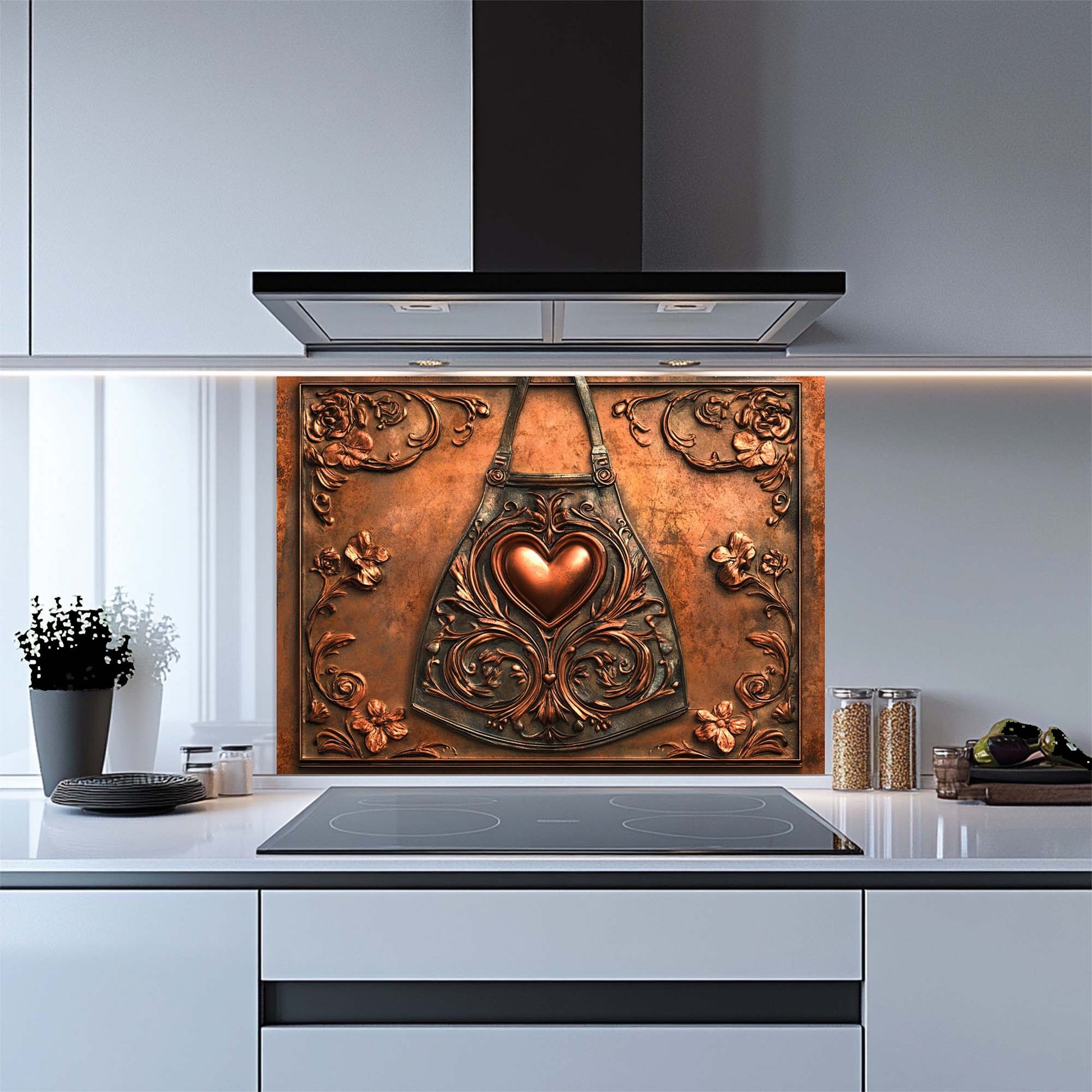 Decorative copper look glass backsplash with heart design in a modern kitchen.