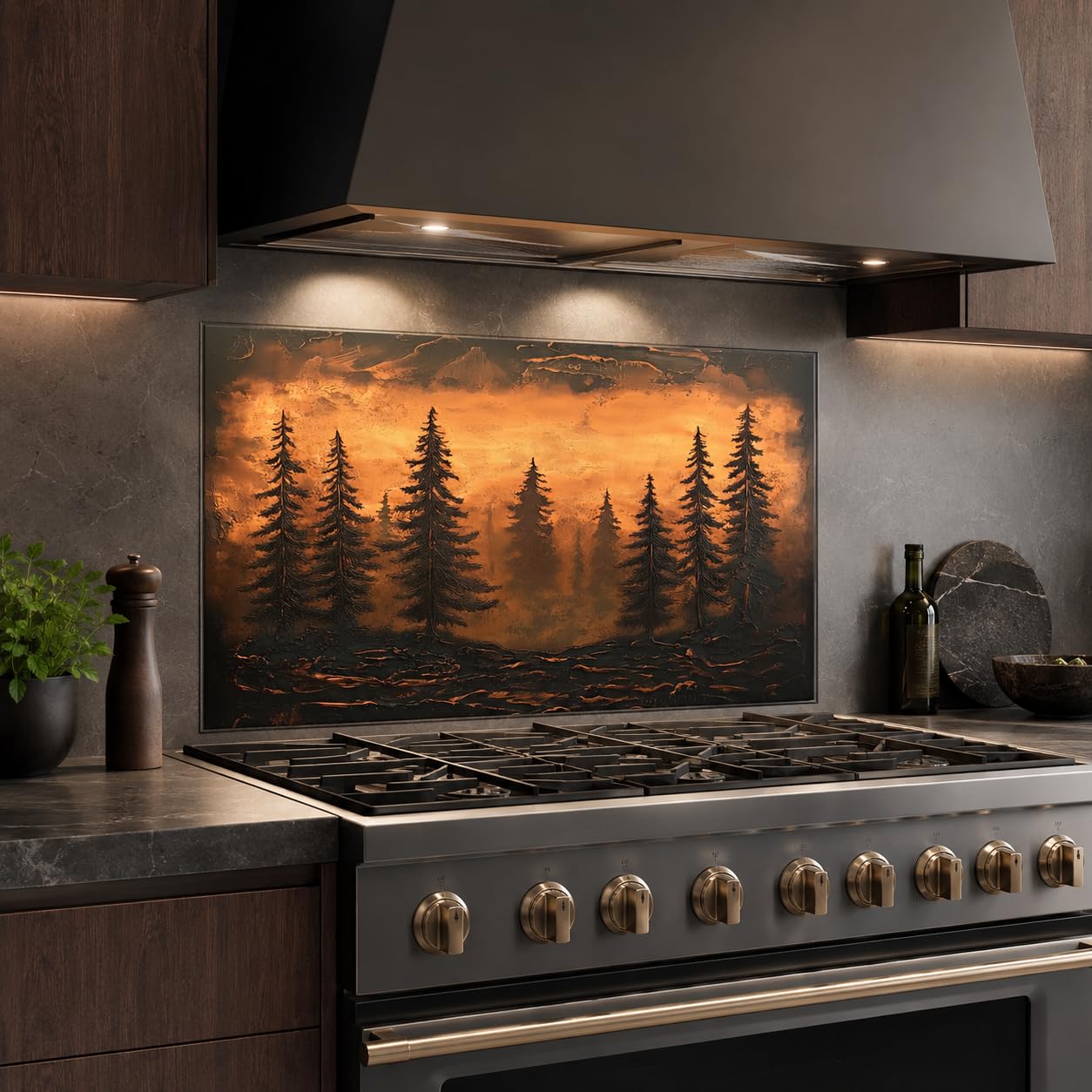 Modern kitchen with a stove featuring a decorative glass panel of trees at sunset.