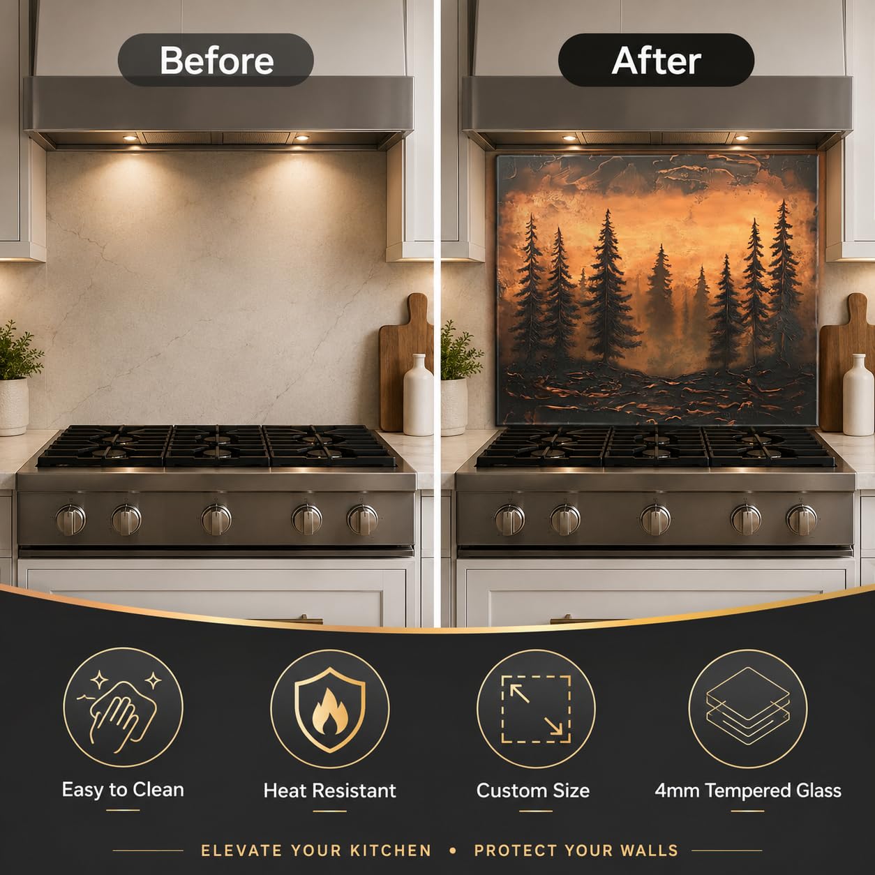 Before and after comparison of a kitchen stove with a decorative glass panel.