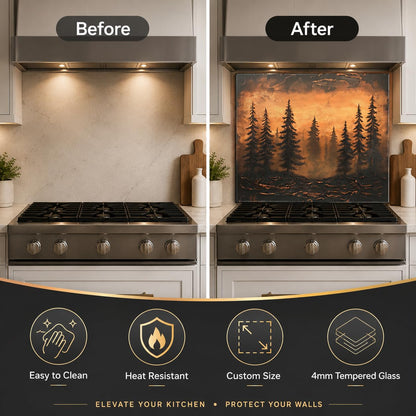 Before and after comparison of a kitchen stove with a decorative glass panel.