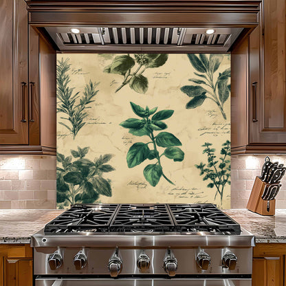 Stainless steel gas stove with decorative backsplash featuring green leaf patterns in a kitchen setting.