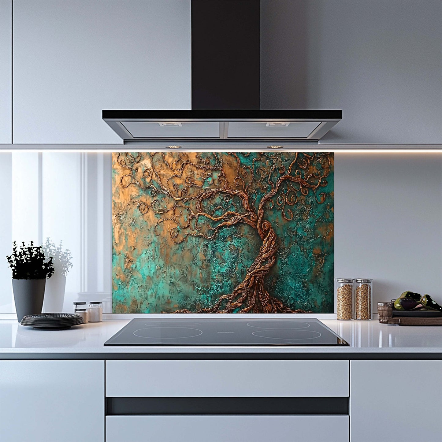 Kitchen with a decorative glass splashback featuring a tree design.