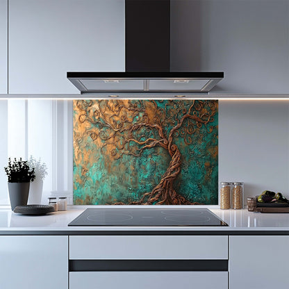 Kitchen with a decorative glass splashback featuring a tree design.