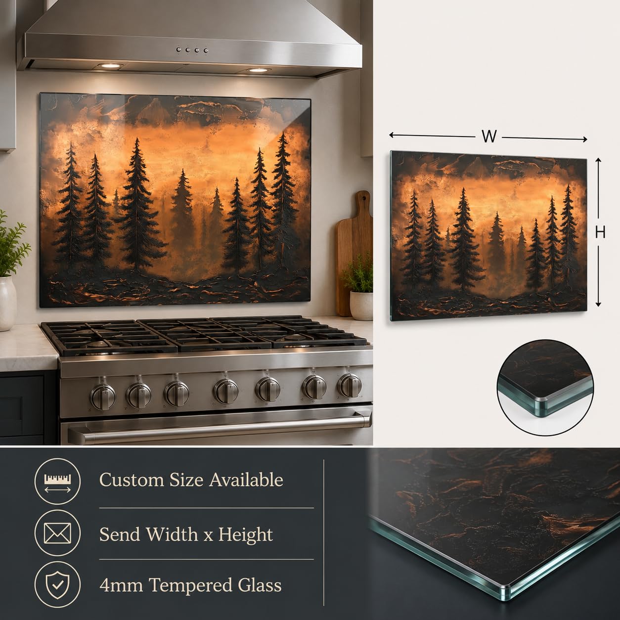 Stainless steel stove with decorative glass panel featuring a forest design, with measurements and customization information.