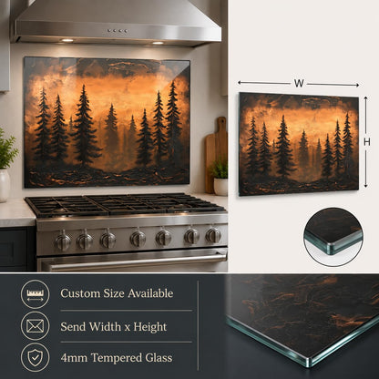 Stainless steel stove with decorative glass panel featuring a forest design, with measurements and customization information.