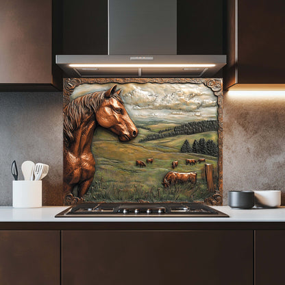 Decorative backsplash with a horse and landscape design in a kitchen.