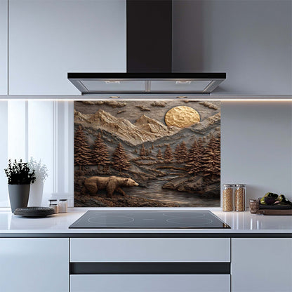 Kitchen with a decorative glass splashback featuring a bear and mountain scene.