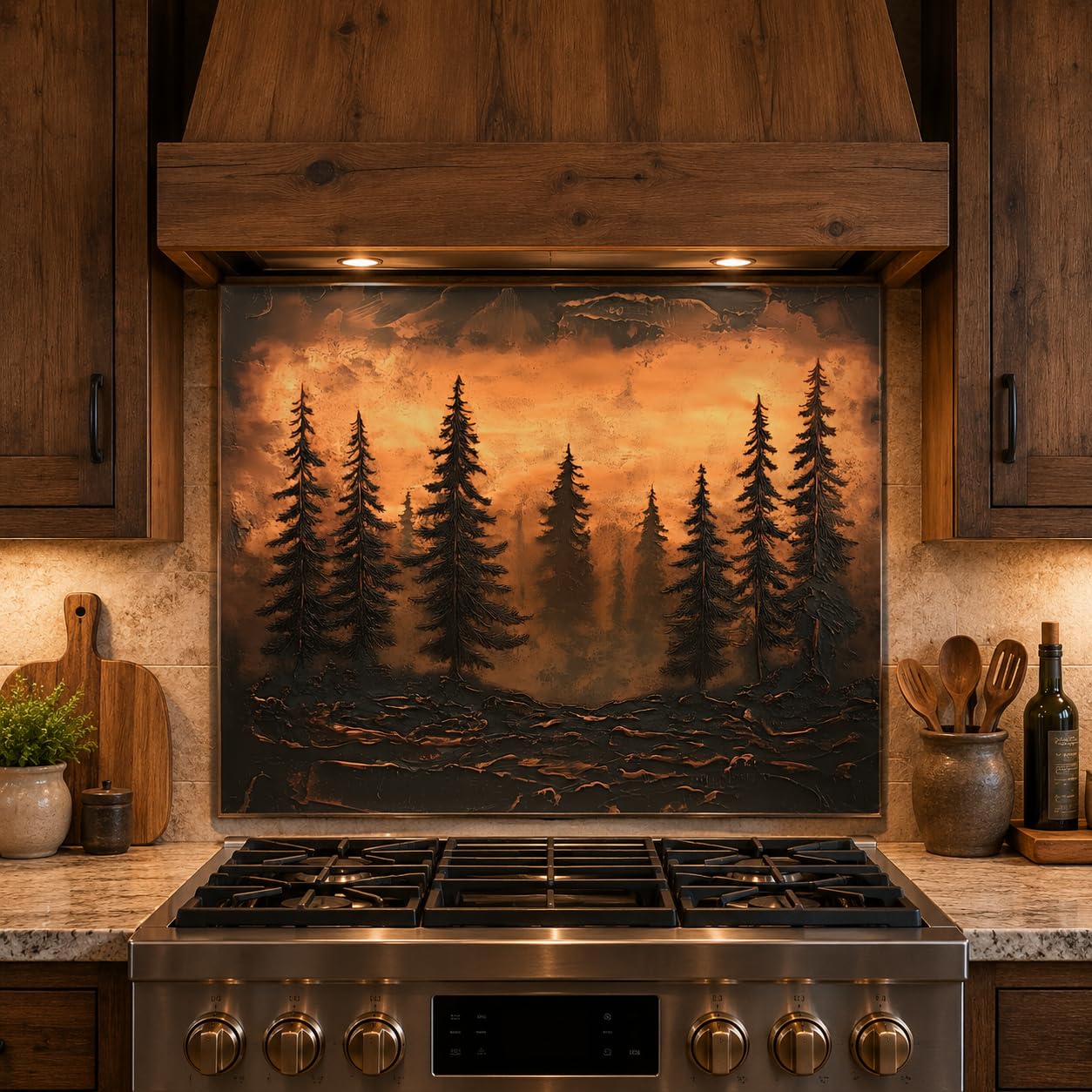 Stainless steel stove with decorative backsplash featuring trees and sunset design in a rustic kitchen.