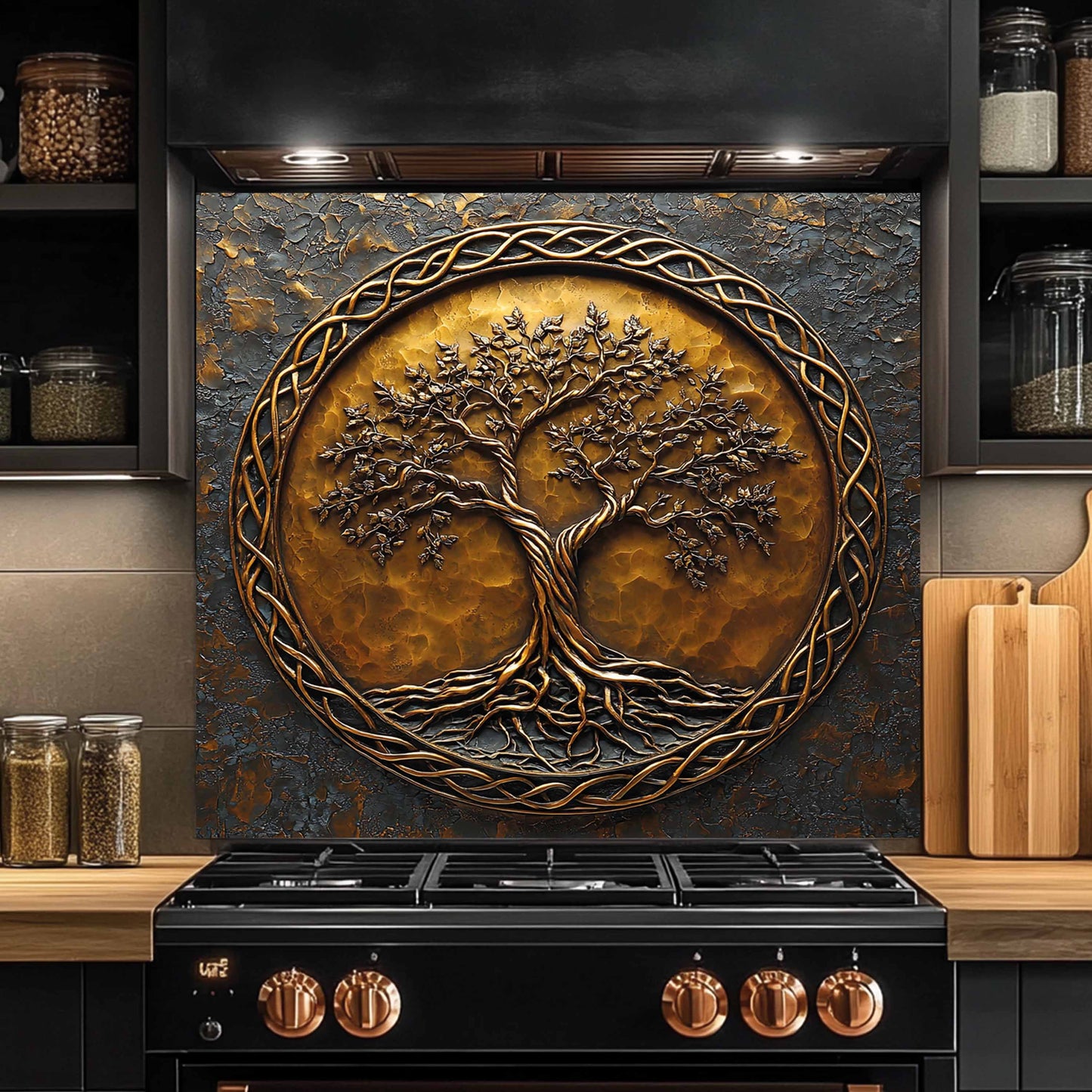 Tempered glass backsplash with a tree design above a kitchen stove.