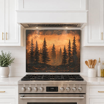 Stainless steel stove with a decorative backsplash of trees and sunset in a modern kitchen.