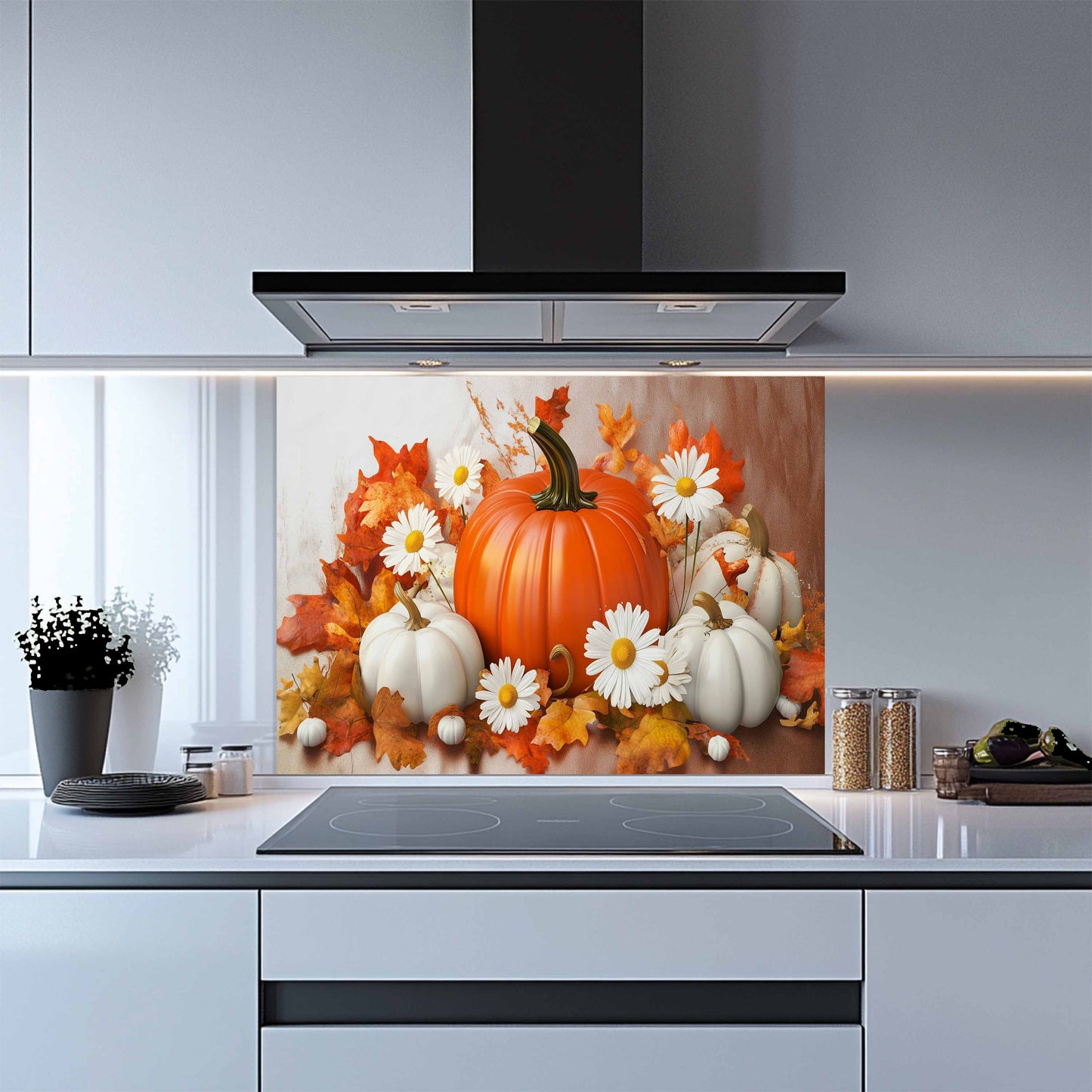 Kitchen backsplash with pumpkin and leaf design above a stove