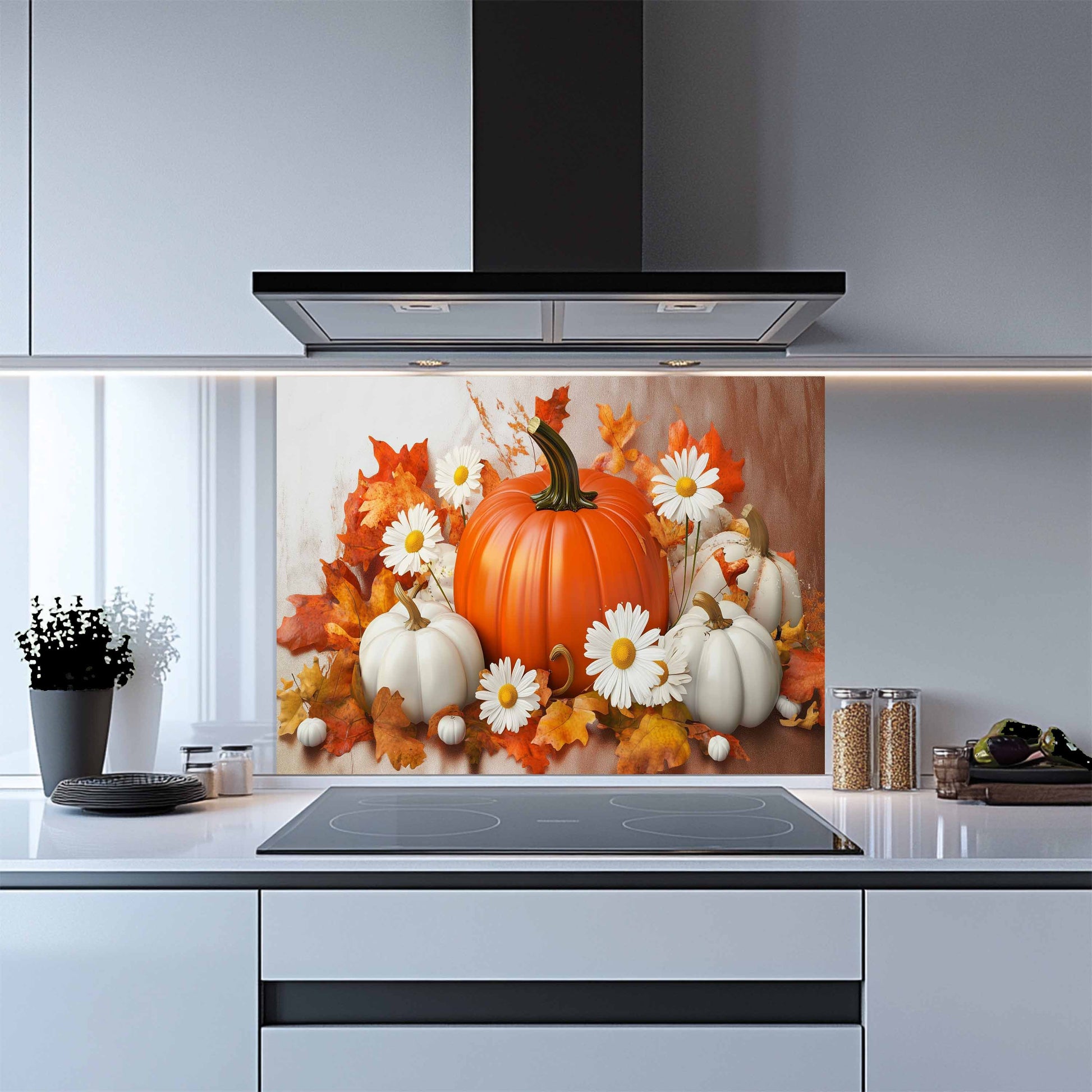 Kitchen backsplash with pumpkin and leaf design above a stove