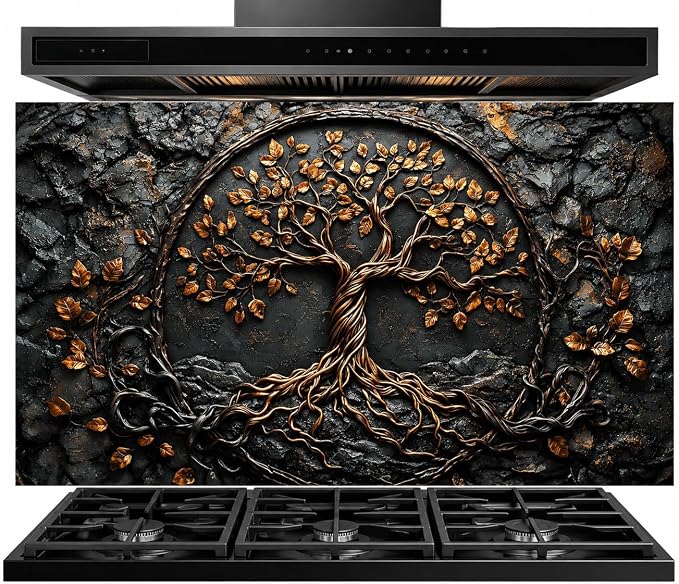 Decorative backsplash with tree design above a stove