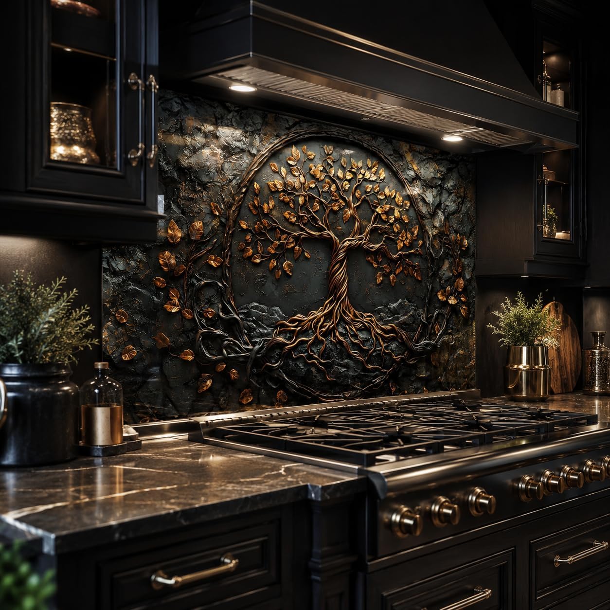 Modern kitchen with dark marble countertops and a decorative wall piece.