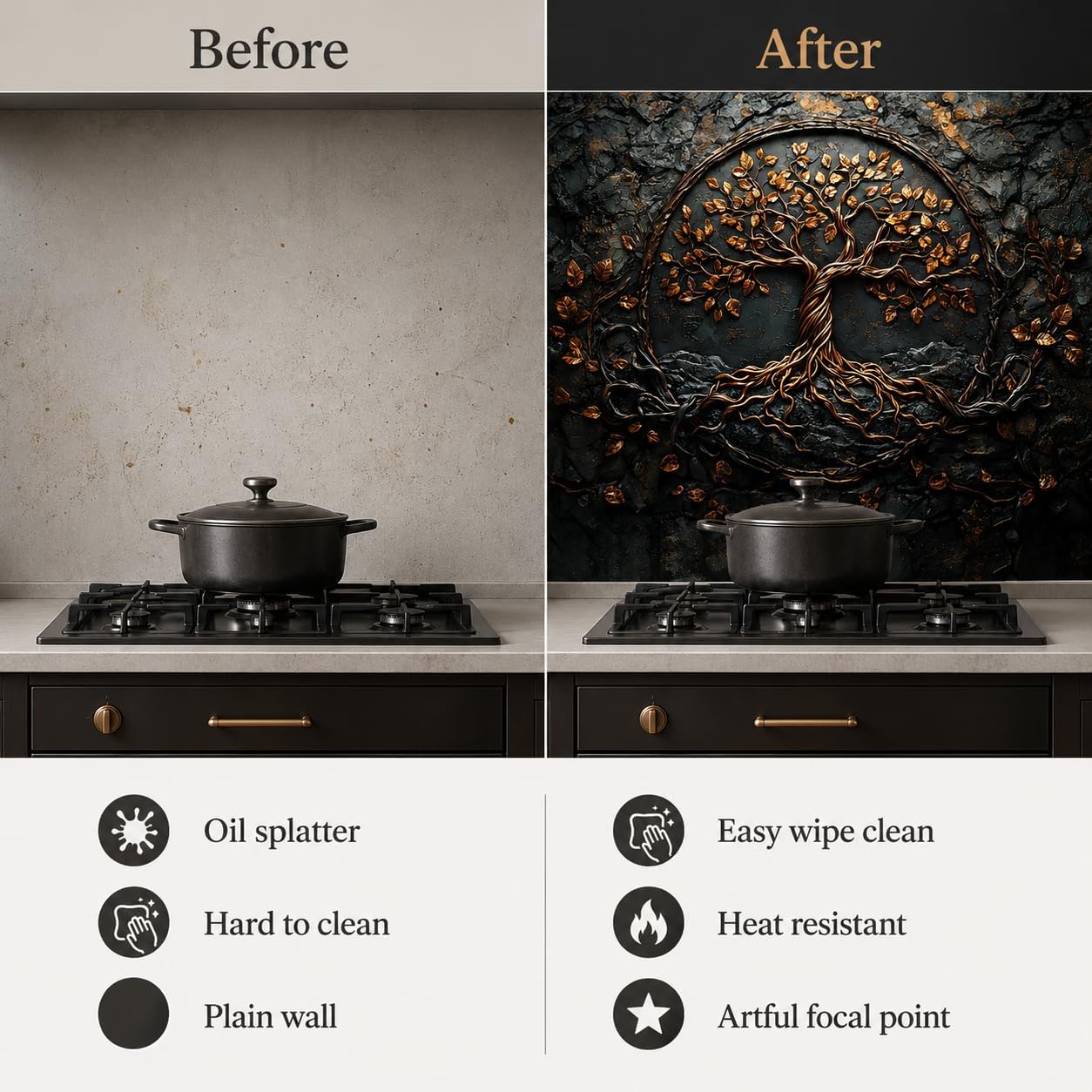 Before and after comparison of a kitchen setup with a decorative wall art piece.