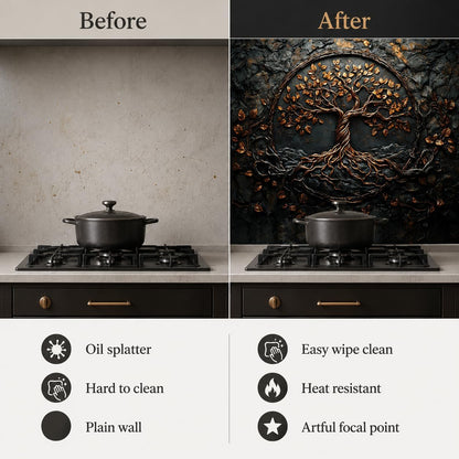 Before and after comparison of a kitchen setup with a decorative wall art piece.