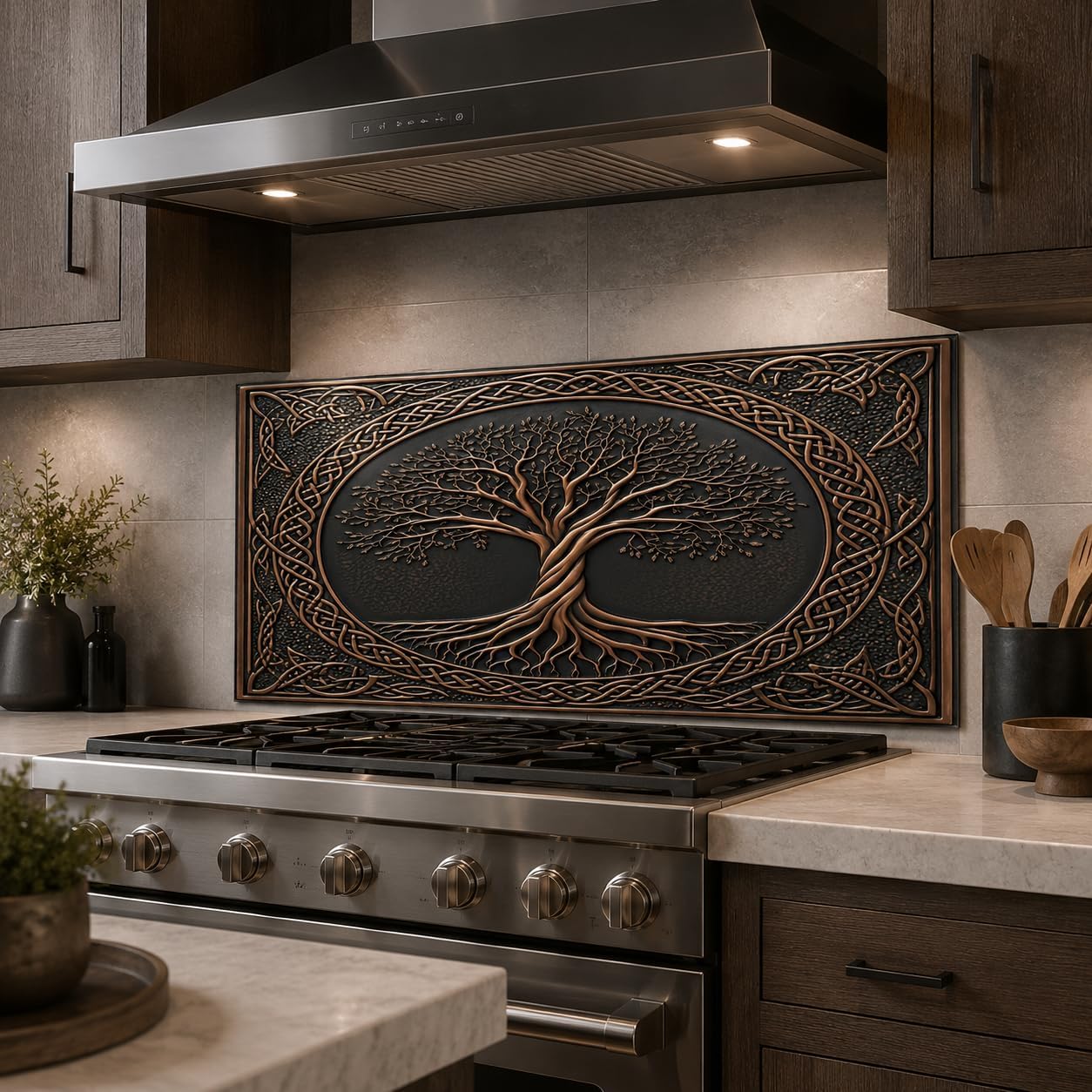 Decorative wall art with tree design above a stove in a kitchen.