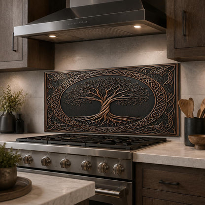 Decorative wall art with tree design above a stove in a kitchen.