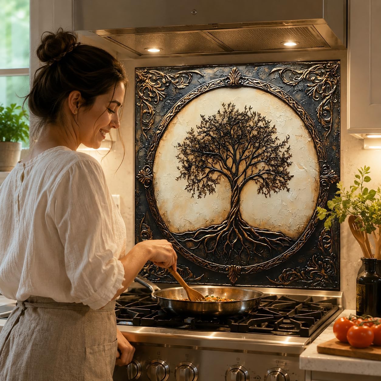 Woman cooking in a kitchen with a decorative wall panel featuring a tree design.