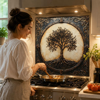 Woman cooking in a kitchen with a decorative wall panel featuring a tree design.