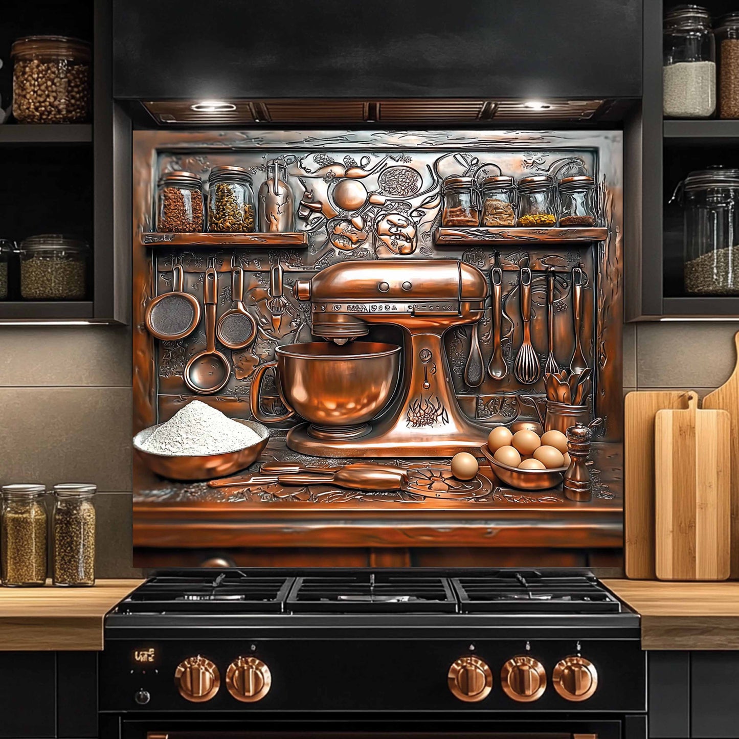 Decorative kitchen backsplash with copper appliances and utensils