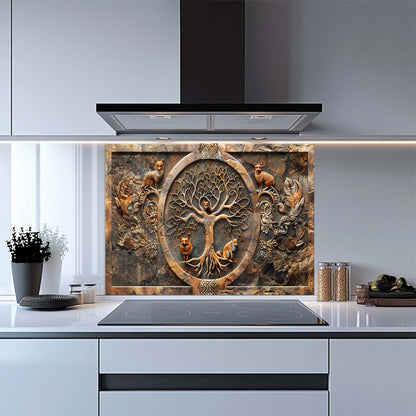Decorative glass backsplash with a tree design on a kitchen backsplash.