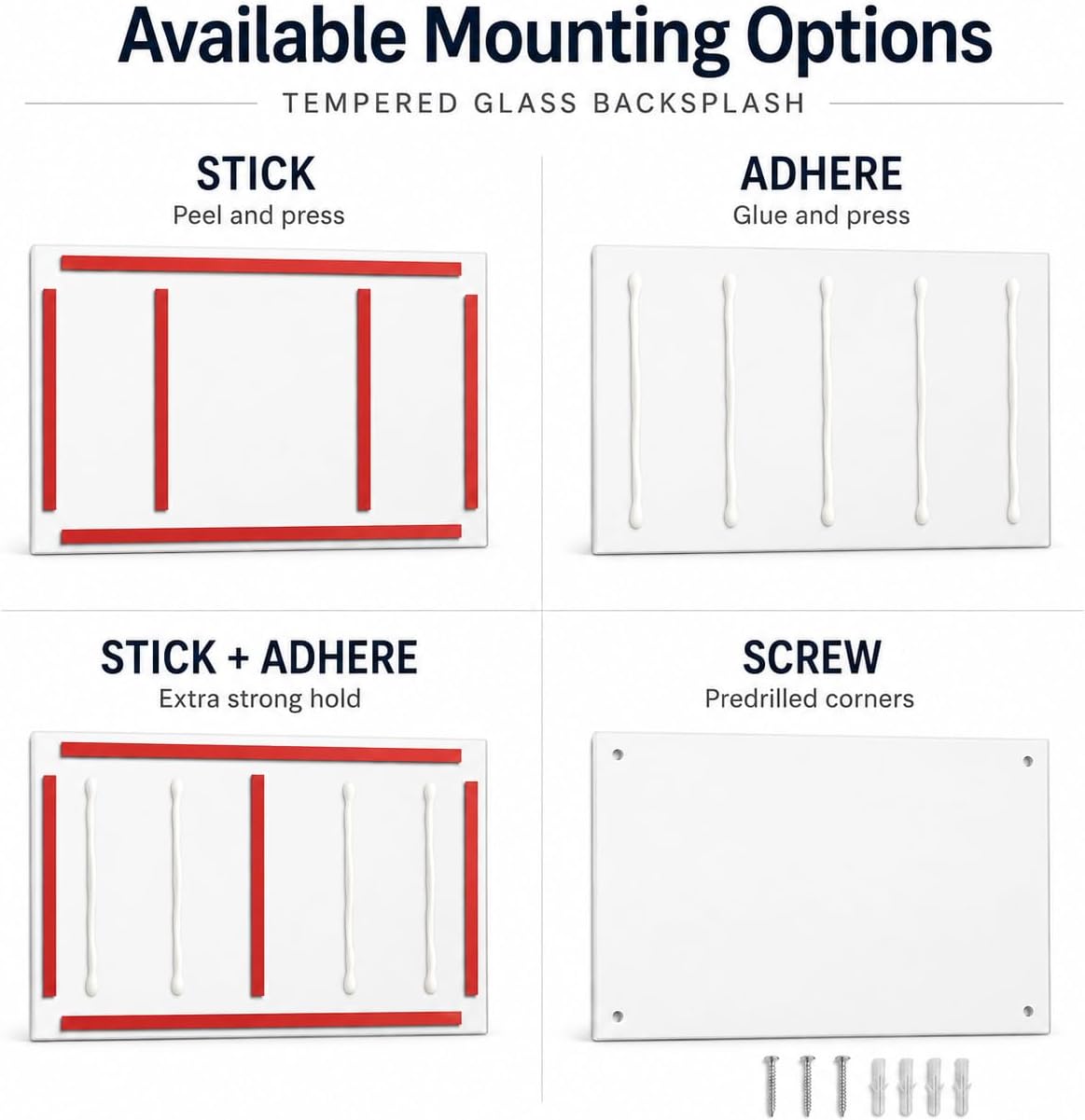 Diagram showing different mounting options for a tempered glass backsplash.