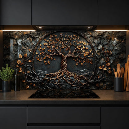 Decorative wall art of a tree with roots and leaves in a kitchen setting.