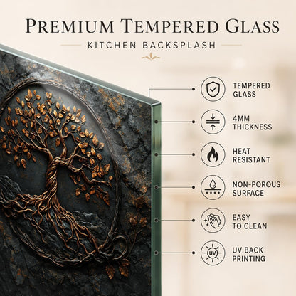 Premium tempered glass kitchen backsplash with decorative tree design and feature list.