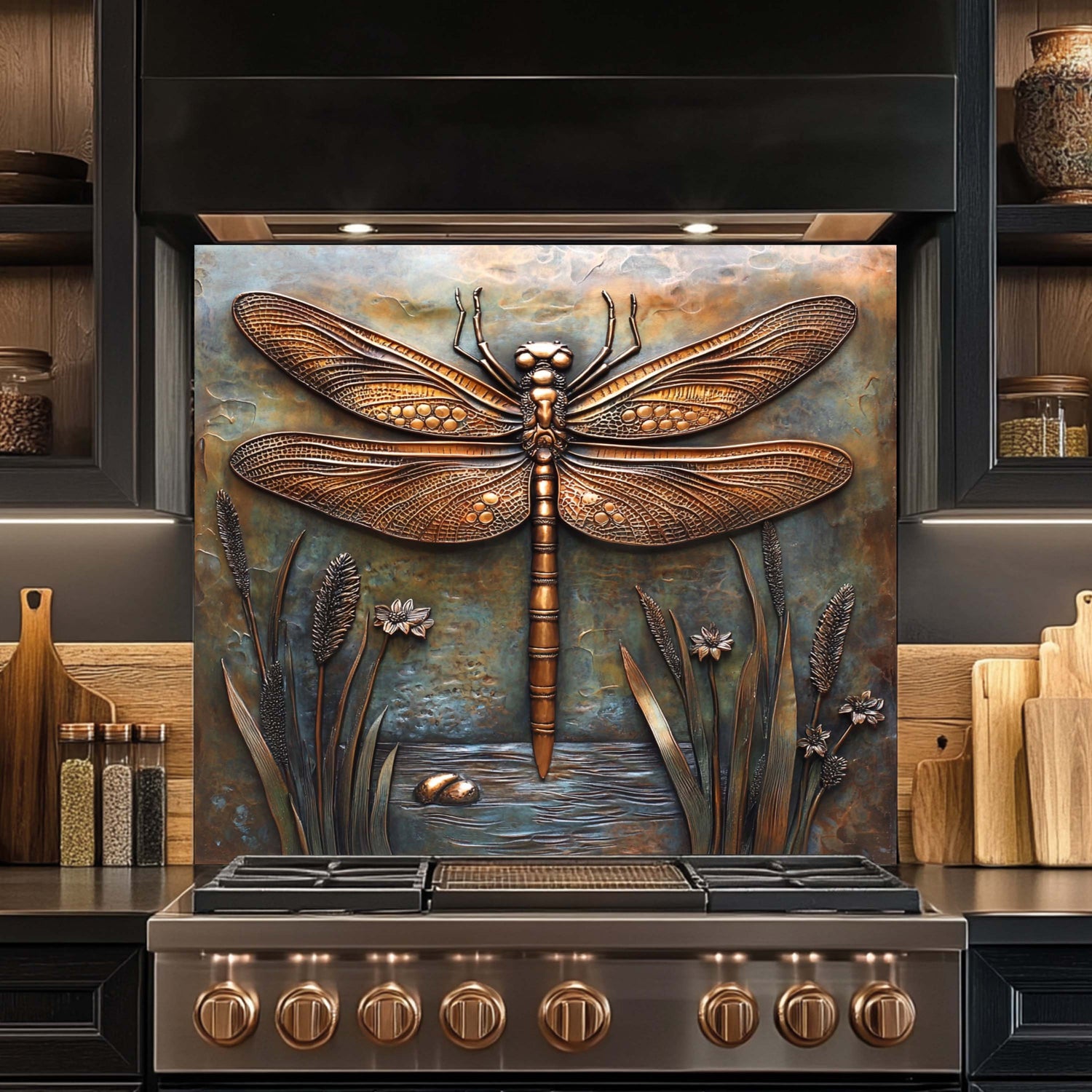Decorative backsplash with a dragonfly design above a stove in a kitchen setting.