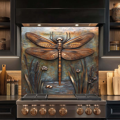 Decorative backsplash with a dragonfly design above a stove in a kitchen setting.
