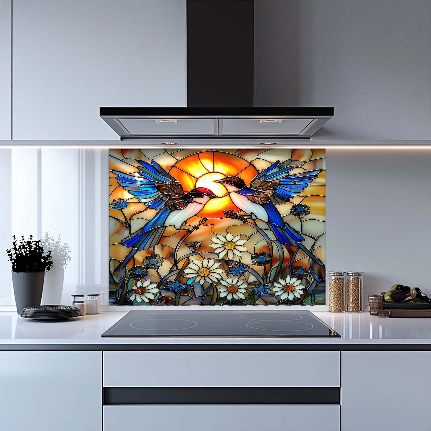 Kitchen with a decorative glass splashback featuring birds and flowers.