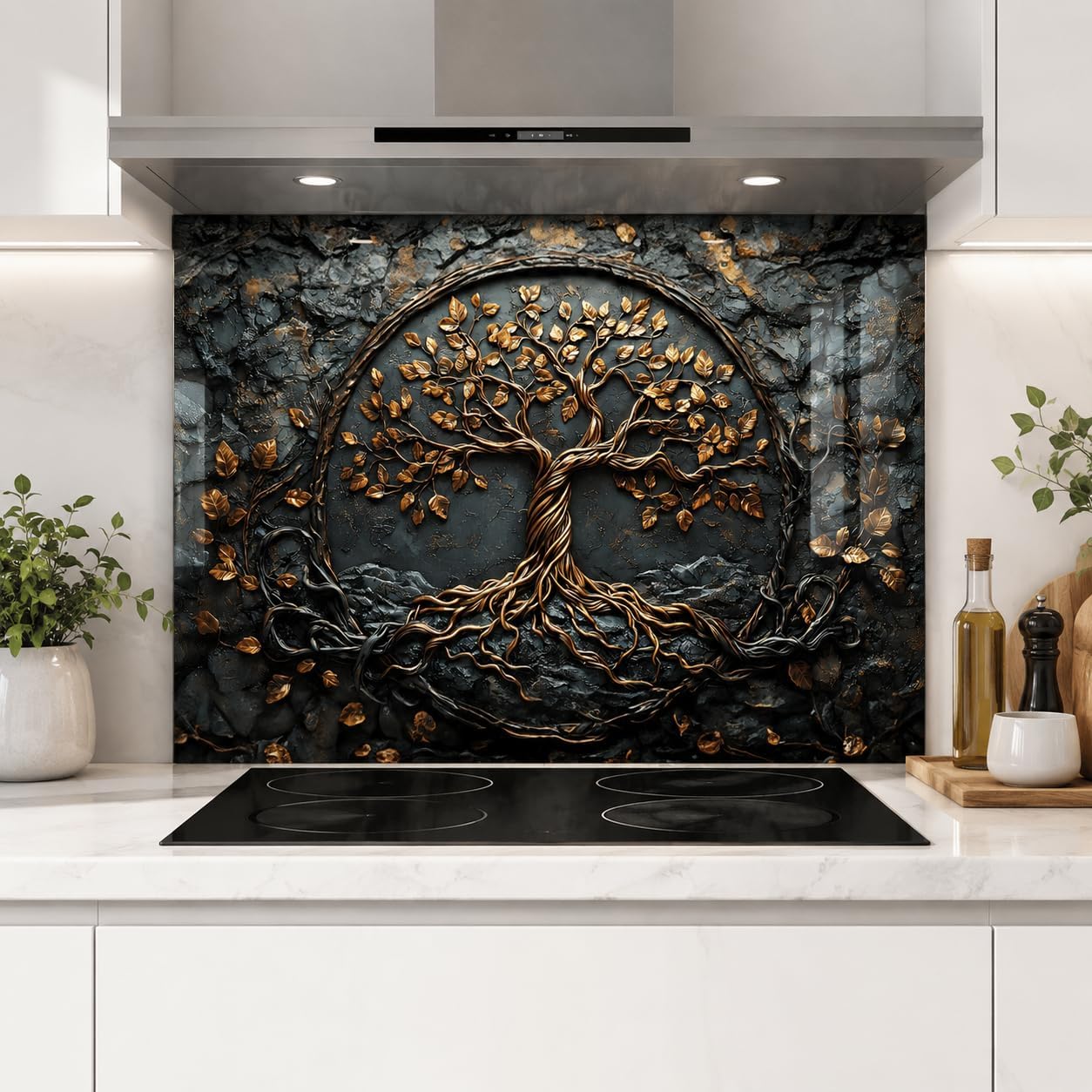 Decorative glass splashback with tree design in a kitchen setting